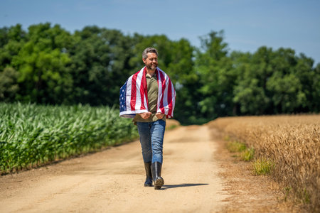 Independence day of America. 4th July. American labor day. American flag and man farmer. Flag of...