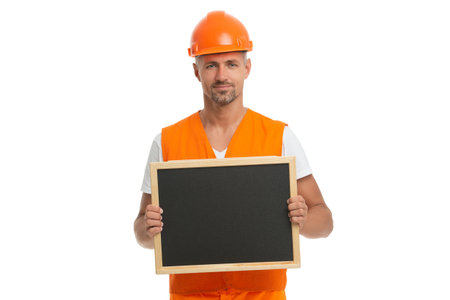 Worker advertising info. Man worker hold board with copy space. Engineer advertisement. Engineer...