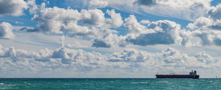Romantic summer vacation at seascape. Sunset sea and seascape. Sea horizon view. Cloudy sky and...