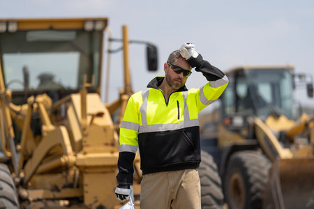 Builder construction man. Worker supervisor heavy machinery. Safety inspection. Industry...