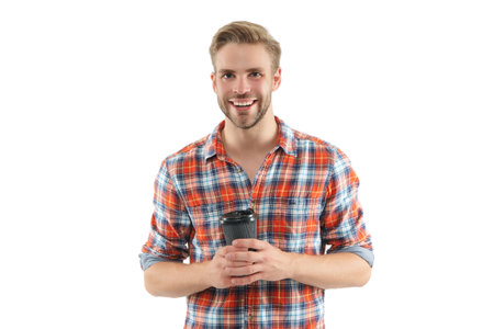 Millennial man having coffee cup isolated on white. Morning coffee time. Lifestyle concept. Drinking...