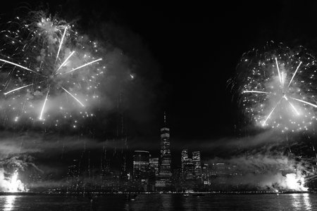 New York Manhattan fireworks. New York Fireworks over Manhattan. New York City 4th of July Fireworks. New York City Skyline Manhattan with Flashing Fireworks. Independence day.の写真素材