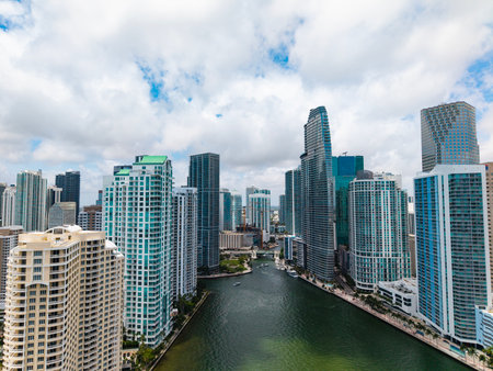 Famous landmarks of Miami Brickell from above. Drone view of the Brickell in Miami city. Business in Brickell district. Biscayne Bay Florida iconic urban coastline in daylight.の写真素材