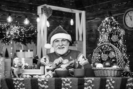 good morning. grandpa drink milk. christmas composition. ready for new year party. santa have dinner. for santa. xmas party celebration. present time. bearded man eat cookies. winter holiday moodの写真素材