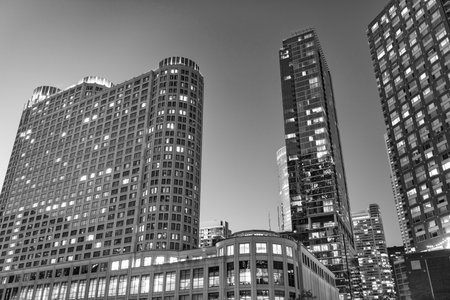 Chicago architecture of skyscraper. City night illuminated building. Skyscraper cityscape. Night city of Chicago. Business city. Night cityscape of Chicago skyscraper building. Chicago Riverwalkの写真素材