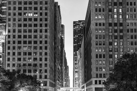 Night city of Chicago. Business city. Night cityscape of Chicago skyscraper building. Chicago architecture of skyscraper. City night illuminated building. Skyscraper cityscape. Darkened streetsの写真素材