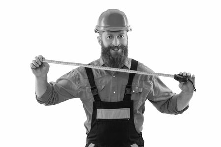 Builder isolated on white. Man builder engineer. Architect measuring size. Tape measure. Civil...