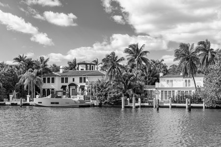 Hotel building architecture. Luxurious neighborhood. Modern building. Residential apartment in waterfront city. City waterfront with house. Vacation building in summer. Luxury waterfront houseの写真素材