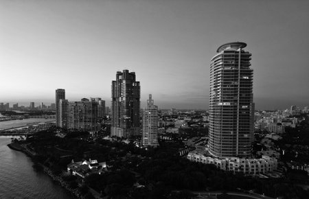 Luxury skyscraper in Miami, Florida. City skyline in evening sunset. Aerial cityscape. Miami South beach at night. Aerial view on skyscraper cityscape at night. Night city aerial view. Lit upの写真素材