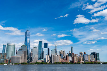 A view of the New York financial district fom Paulus Hook Pier in Jersey City, New Jersey.New York, United States. Manhattan New York NY NYC Skyline. Lower Manhattan and One World Trade Center in New York City, New Jersey Panoramic view on Manhattan.の写真素材