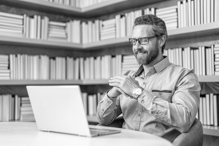 business freelancer agent. Teacher of business school. Millennial teacher with laptop. online education lesson. elearning with school teacher. remote education with video. Business managementの写真素材