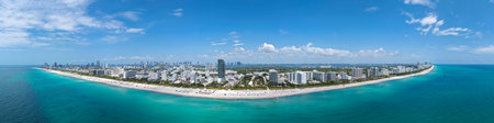 Aerial panorama of Miami Beach coastline. Stunning Miami skyline panorama. Drone panoramic view of...