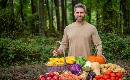 Man farmer with vegetable harvest. Organic food and eco farming. Greengrocer man outdoor. Greengrocer harvesting. Autumn vegetable harvest. Agriculture crop. Farmer food market bannerの写真素材