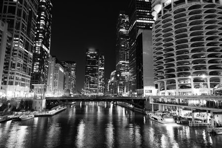 Skyscraper cityscape. Night city of Chicago. Business city. Night cityscape of Chicago skyscraper building. Chicago architecture of skyscraper. City night illuminated building. Lakefront glowの写真素材