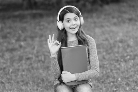 Student lifestyle. School education. Teen girl in audio headphones. Student listen audiobook. Homework education. Back to school. Student teen girl listen audiobook. School education for girl. Okの写真素材