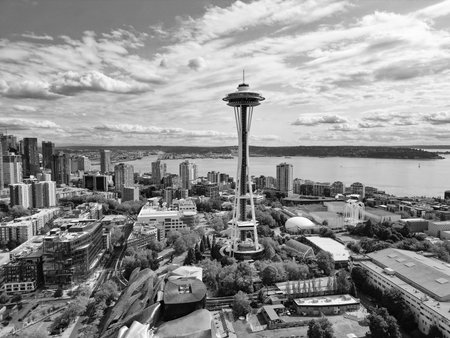 Seattle, Washington, USA- July 25, 2024: Architecture of aerial Space needle. Aerial view of Seattle with Space Needle tower cityscape. Seattle downtown skyline. Aerial Seattle. Space Needle. Modern Seattle district, Elliott Bay.の写真素材