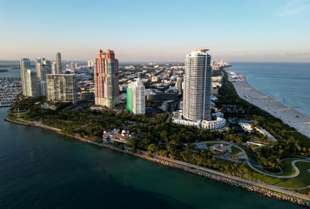 Miami cityscape with luxury skyscrapers and ocean. Panoramic view of Miamis famous skyline. Miami Beach from above. Miami skyline from top. Aerial cityscape of Miami, Florida.の写真素材