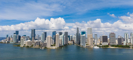 Aerial panorama of Brickell in Miami. Downtown Miami skyline on a sunny day. Scenic view of Miami...