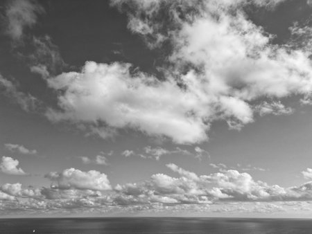 Sea horizon view. Cloudy sky and seascape at summer vacation. Skyscape with sea horizon. Calm...