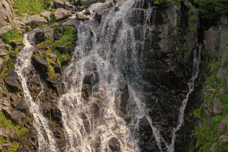Waterfall landscape. Nature wildness travel. Waterfall travel destination. Travel destination....