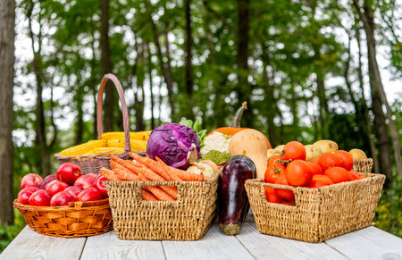 Healthy food and diet. Dieting with organic vegetable harvest. Autumn vegetable harvest. Harvesting in countryside. Healthy farming and harvesting. Vitamin harvest. Basket vegetable, advertisementの写真素材