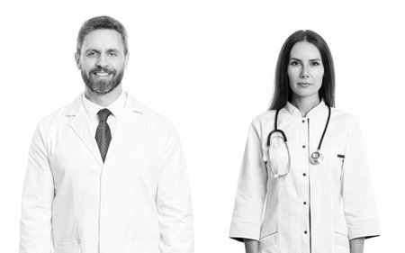 nurse and doctor with stethoscope in medical clinic. professional therapist in hospital with intern. Medicine concept. stethoscope check up. Doctor cardiologist in white coat with stethoscopeの写真素材