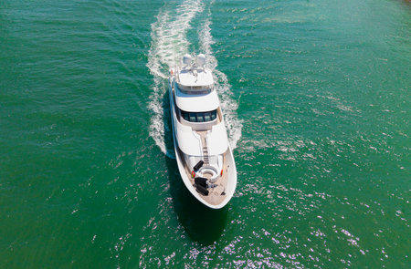 Summer vacation. Luxury yacht boat top view. Panorama aerial view on motorboat. Motor boat yacht...