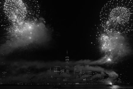 New York Manhattan fireworks. New York Fireworks over Manhattan. New York City 4th of July Fireworks. New York City Skyline Manhattan with Flashing Fireworks. Independence day.の写真素材