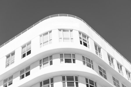 Architectural curved exterior detail. Residential house exterior fragment. Modern apartment building. Apartment building with detail. Perspective view of building. Residential building architectureの写真素材