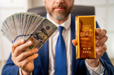 Business success man with gold bar. Golden bar. Golden bar vs dollar money. Rich businessman saving gold and cash money. Financial saving success. Successful man with gold and money. Monthly savingの写真素材