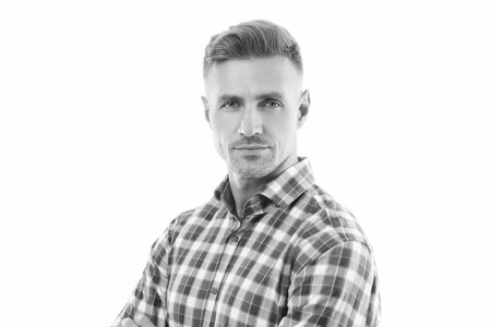 Mature man face portrait isolated on white in casual style checkered shirt