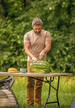 Camp watermelon picnic. Yummy healthy food. Fresh food in camp. Man cut watermelon in summer camping. Man hiker outdoor on summer day. Camp and nature picnic. Man camping in the gardenの写真素材