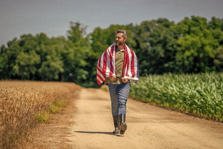 Independence day of America. 4th of July. American labor day. American flag and man farmer. Flag of...