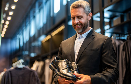 Business man choose elegant footwear in shop. Classic leather shoes for formal look. Formal shoe. Leather footwear. Shop assistant man in shoe store hold classic footwear. Shoe store bannerの写真素材