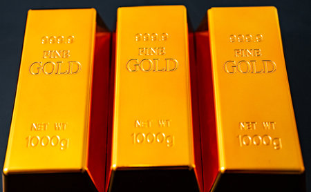 Gold bar. Banking saving. Saving and investment. Financial success. Golden bullion. Money management and financial plan. Gold value and price. Gold bullion. Investment and wealth. Saving strategyの写真素材