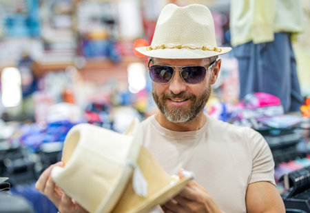Stylish man in hat boutique. Mature man choosing hat. Expensive fashion male accessories....