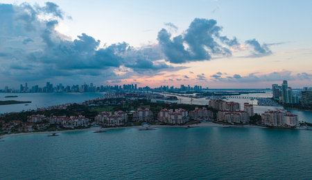 Miami Beach cityscape. Miami summer aerial view. Miami Beach shoreline. South Beach Miami aerial view. Blue ocean in Florida skyline. Ocean coast. Summer skyscraper skyline.の写真素材