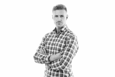 Mature portrait. Mature man isolated on white. Stylish man portrait. Casual style of man. Guy has stylish haircut. Man with trendy hairstyle. Casual male style portrait. Menswearの写真素材