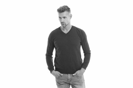 Stylish menswear fashion. Caucasian mature man. Man in tshirt isolated on white. Handsome mature man with hair. Stylish male. Men casual style. Portrait of handsome guy in menswear. Fashion styleの写真素材