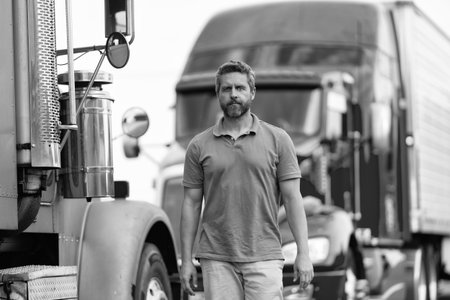 Semi trucks vehicle. Man owner truck driver. Millennial trucker. Man driver near lorry truck. Truck driver. Trucking owner. Transportation vehicles. Hispanic man walking in front of truckの写真素材