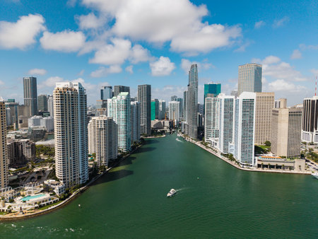 Aerial view of Brickell skyline in downtown Miami. Skyscrapers above Miami. Scenic panorama of Brickell financial district. Brickell in Miami city. Brickell Urban landscape with buildings cityscape.の写真素材