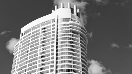 Apartment hotel building. Low angle view of building. Residential building architecture....