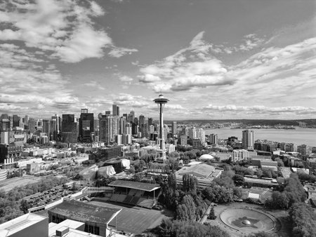 Seattle, Washington, USA- July 25, 2024: Modern Seattle district, Elliott Bay. Architecture of aerial Space needle. Aerial view of Seattle with Space Needle tower. Travel destination. Seattle downtown skyline. Aerial Seattle. Space Needle.の写真素材