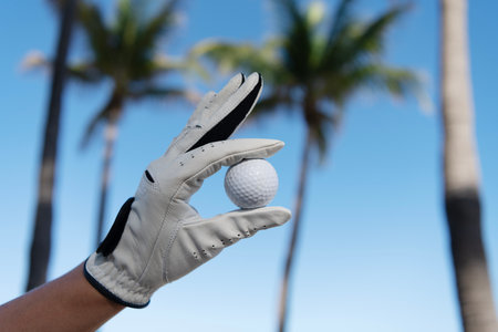 Golf ball. Summer sport. Golfer wearing glove. Golfing and recreation. Golfing sport. Golfer hold golf ball with hand in glove. Golf player golfing in summer. Golfer do sport outdoor. Golf tournamentの写真素材