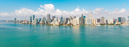Aerial view of Brickells skyline. Panoramic cityscape of Brickell Miami. Skyscrapers of Brickell. Scenic view of the Brickell financial district. Brickell in Miami Beach.の写真素材