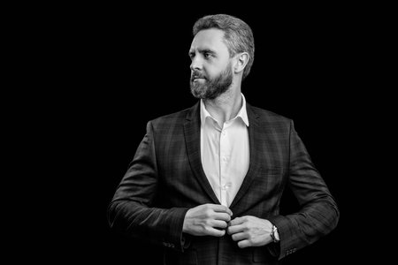 Business boss in suit. Big boss. Professional businessman. Businessman. Business leadership and success. Successful business man in office. Office manager boss isolated on black. Copy spaceの写真素材