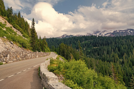 North Cascades nation park. Road leads to Diablo lake with mountain landscape. Landscape of mountain and road. Travel destination. Landscape route to North Cascades National Park. Scenic natureの写真素材