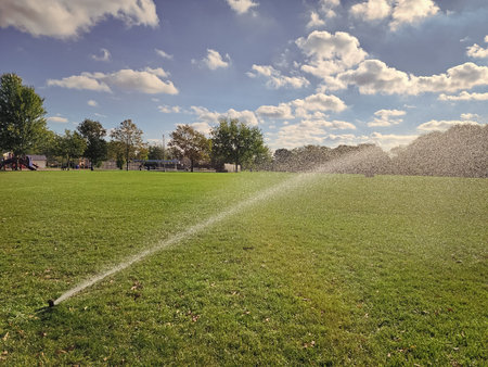 Automatic lawn sprinkler watering green grass. Water sprinklers watering soccer field. Football field irrigation. Irrigation turf. Sprinkler watering football field. Football turf irrigationの写真素材