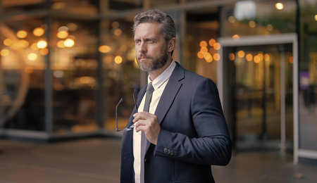 Business man holding glasses. Man has vision to success. Inspired by new opportunity. Businessman...