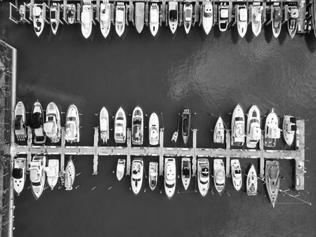 Luxury summer vacation in Miami. Private boat top view. Marina with luxury sea boat. Yacht club and marina in Miami. Luxury marina with private yacht boat. Docked yacht boat in harbor. Marina dockの写真素材